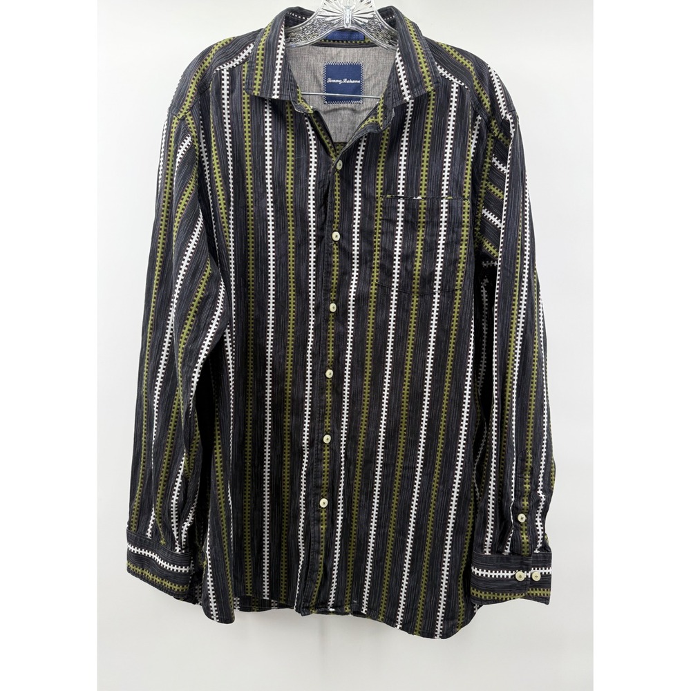 Tommy Bahama Mens Large Long Sleeve ButtonUp Black Green Stripe Cotton Boho
